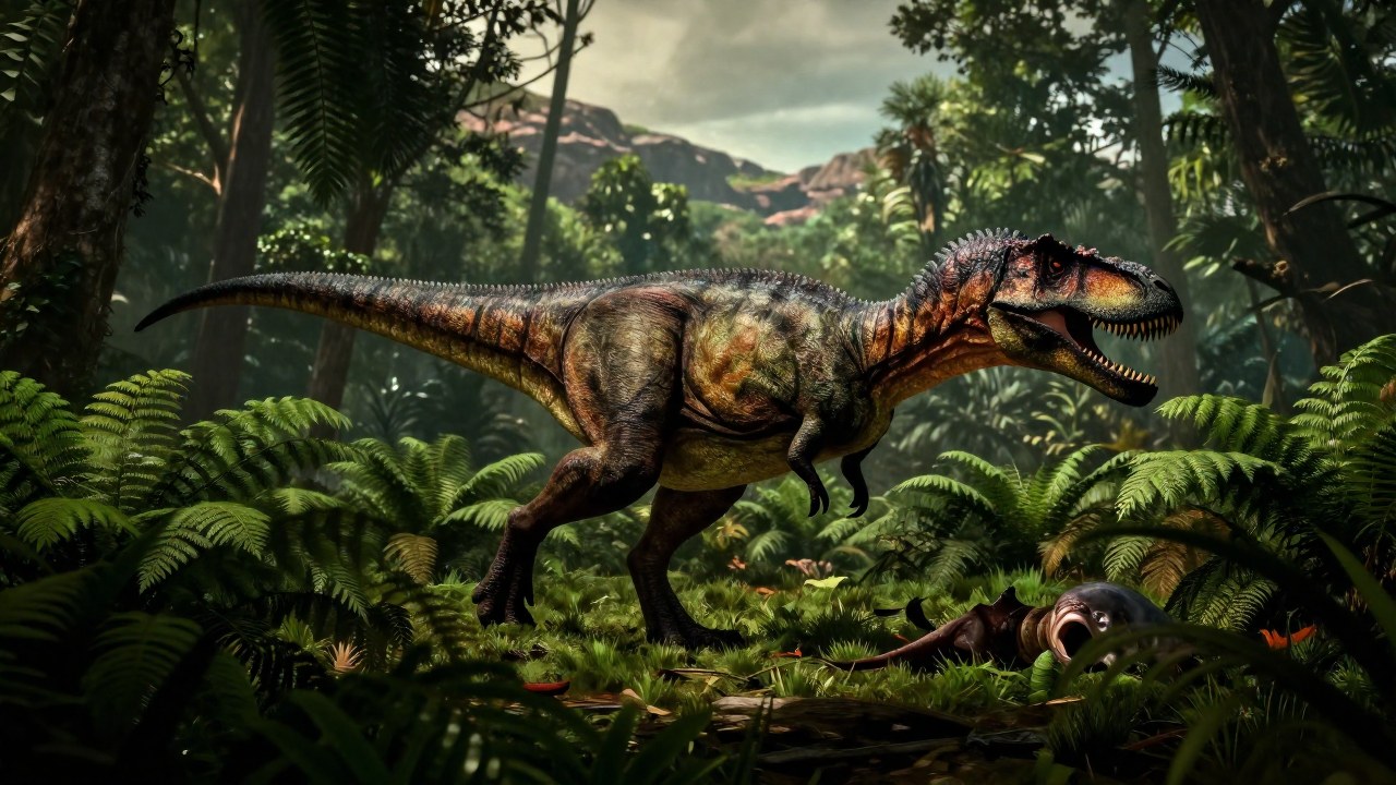 Allosaurus en postura de caza en un entorno denso y húmedo, ilustrando su comportamiento depredador.