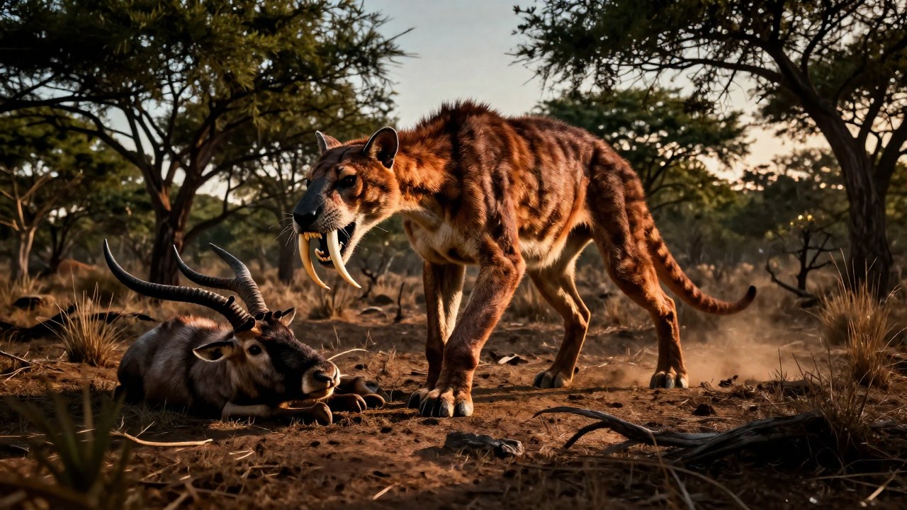 Smilodon fatalis acechando a un ungulado prehistórico en un entorno de matorral del Pleistoceno.