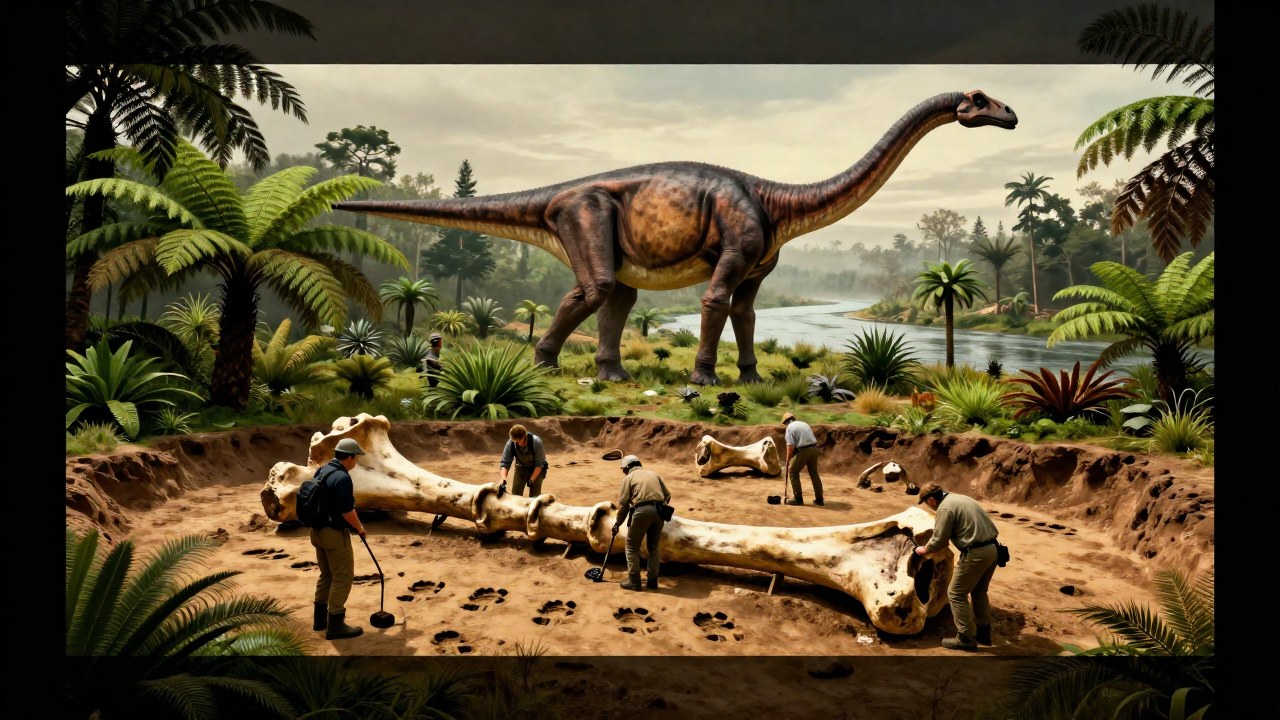 Paleontólogos examinan grandes huesos y huellas de saurópodos en un paisaje jurásico con un Diplodocus visible.