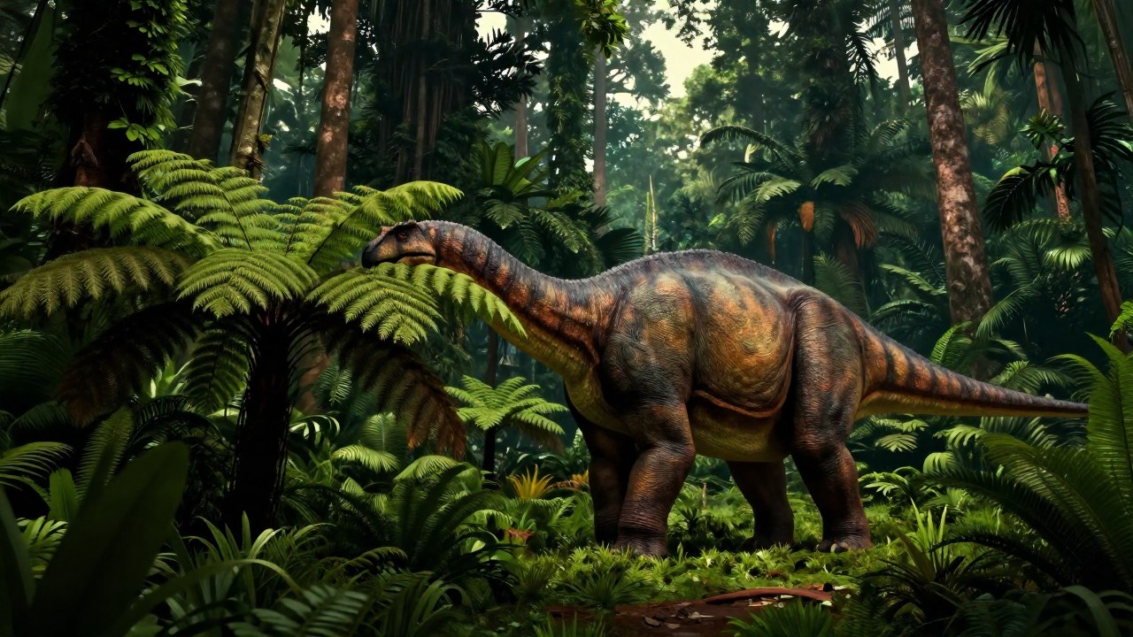 Un enorme Titanosaurio se alimenta de vegetación en un paisaje denso de jungla prehistórica.
