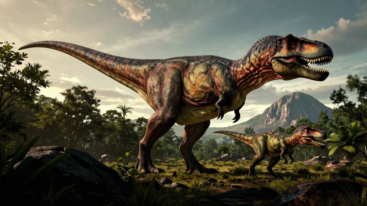 Un Giganotosaurus colosal compara su tamaño con otro terópodo en un paisaje Cretácico rugoso.
