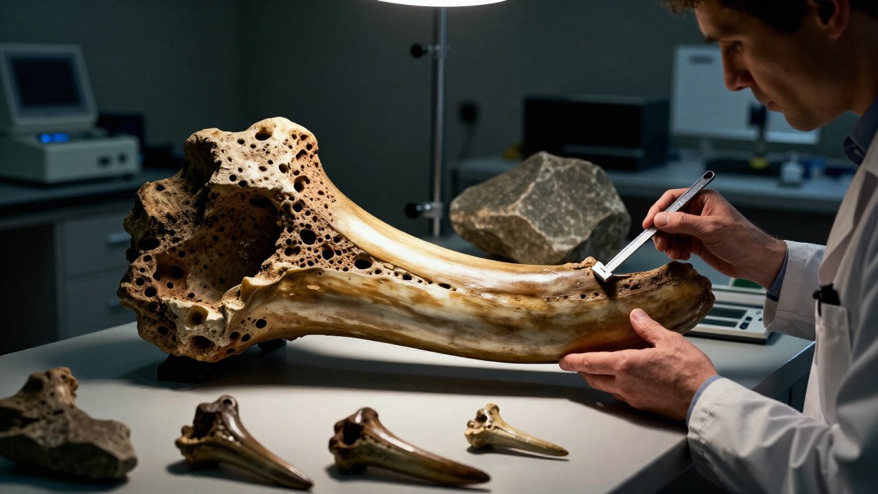 Un paleontólogo examina con instrumento de medición un enorme fragmento de fósil de Megalodon en el laboratorio.
