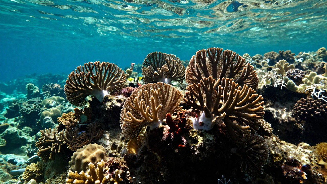 Crinoideos con estructuras ramificadas crecen densamente sobre el sustrato calcificado de un arrecife de coral.