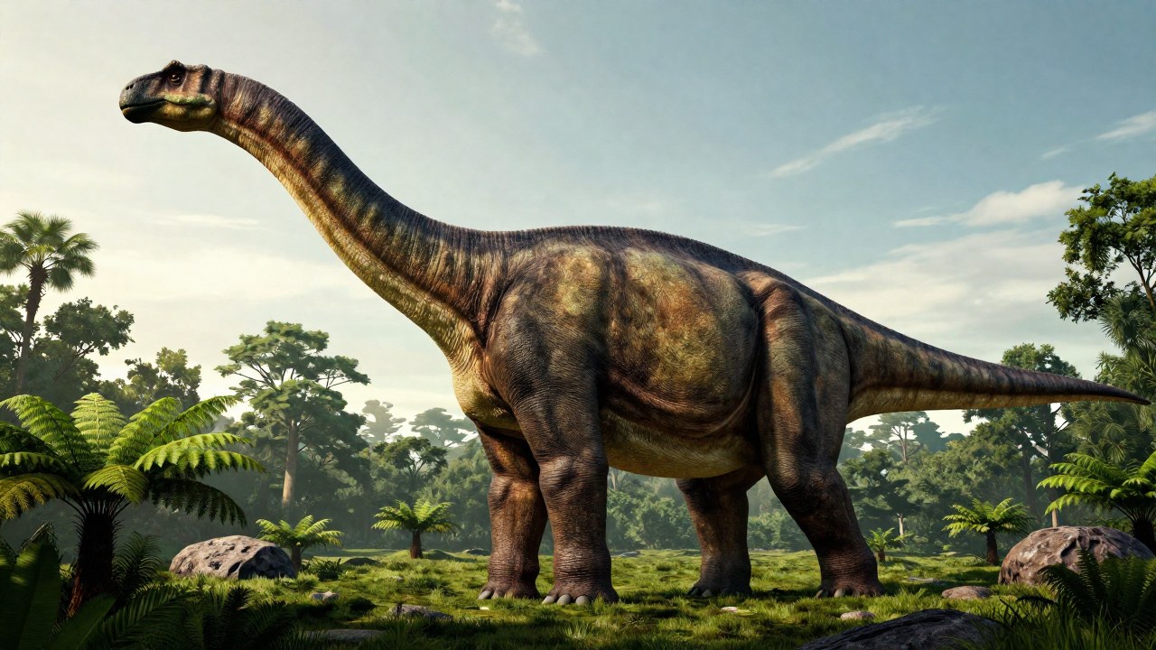 Apatosaurus de inmensa escala en su entorno natural, dominando un paisaje prehistórico.