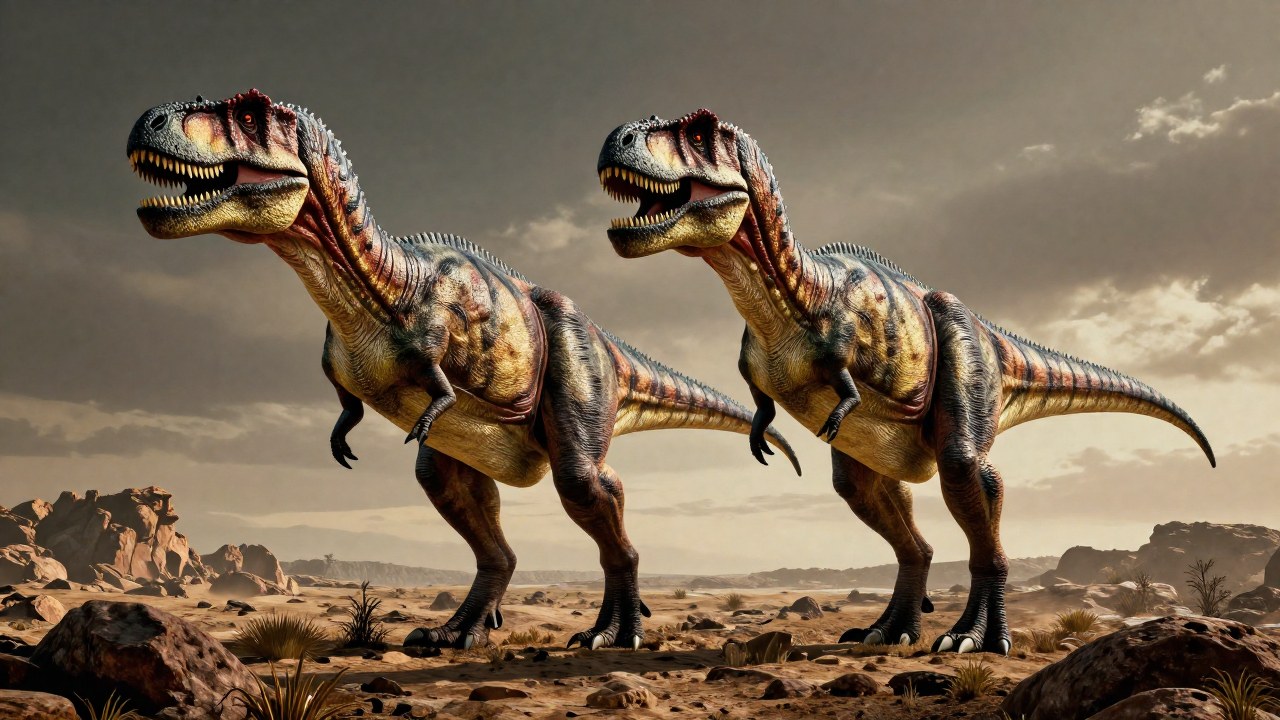 Dos dinosaurios terópodos de tamaño colosal comparan sus estructuras en un paisaje cretáceo.