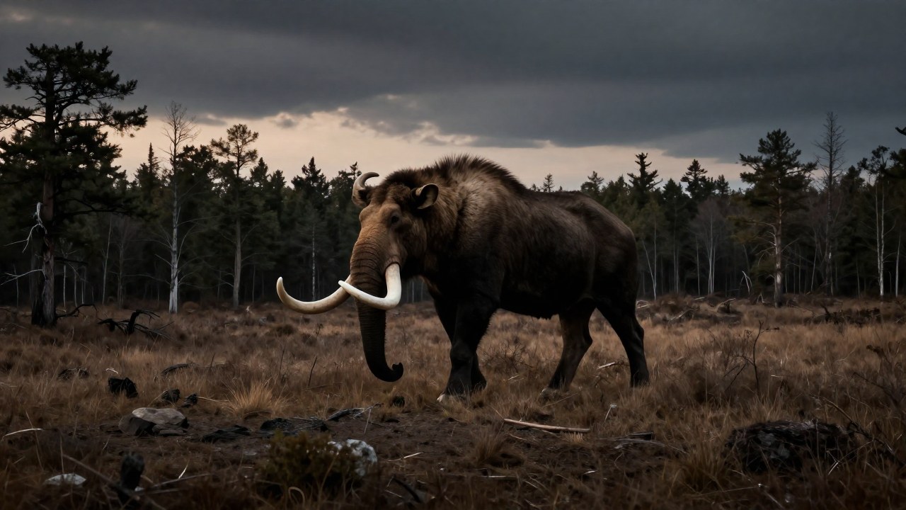Un Palaeoloxodon antiquus en un paisaje pleistoceno, ilustrando la presión ambiental y el declive.