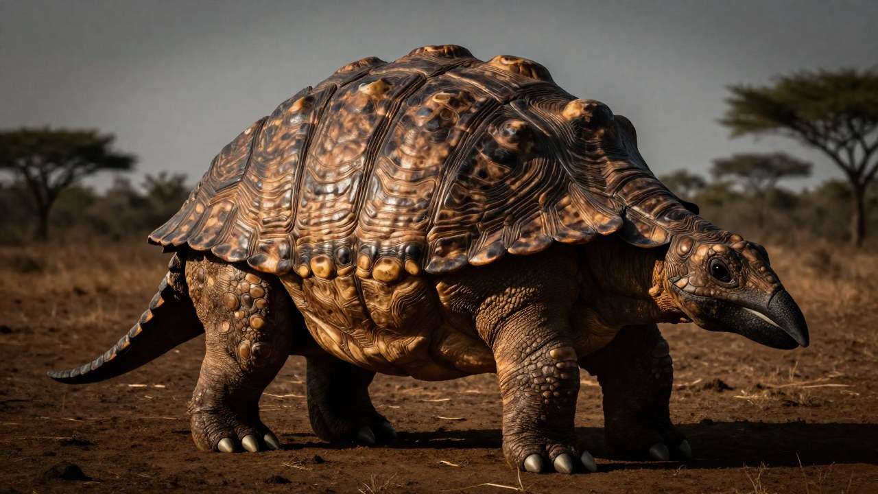 El Glyptodon exhibe su colosal y detallada armadura ósea en un entorno de sabana árida.