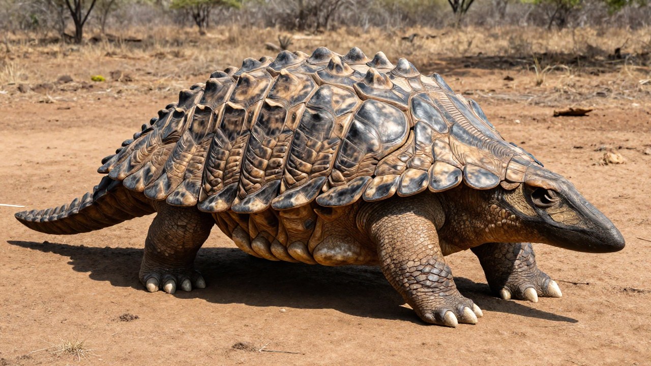 El caparazón óseo del Glyptodon, con sus placas protectoras, sobre tierra seca de sabana.