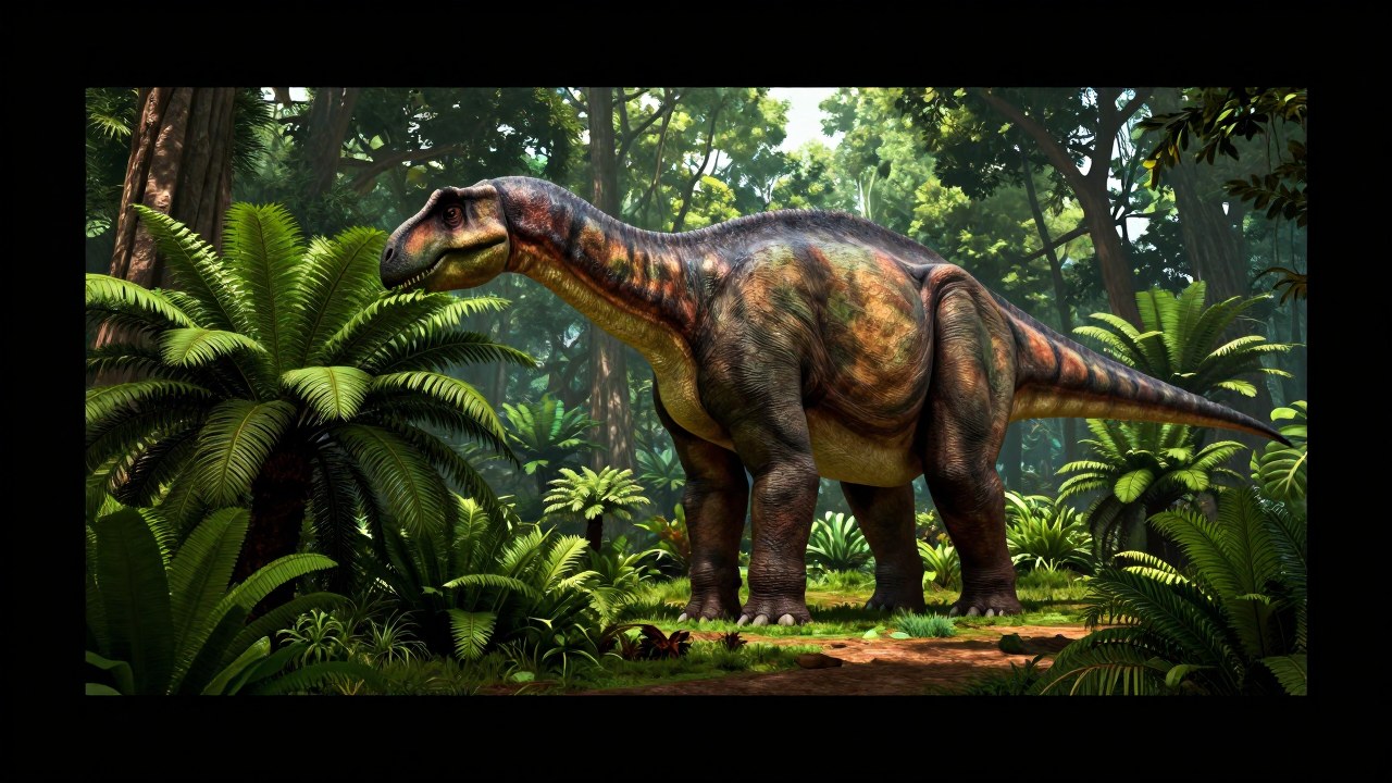 Apatosaurus pastando en un entorno cretácico, alimentándose de vegetación prehistórica.