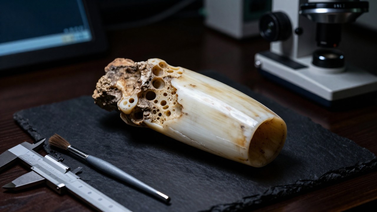 Fragmento de marfil de mamut fosilizado bajo examen científico, acompañado de herramientas de paleontología.
