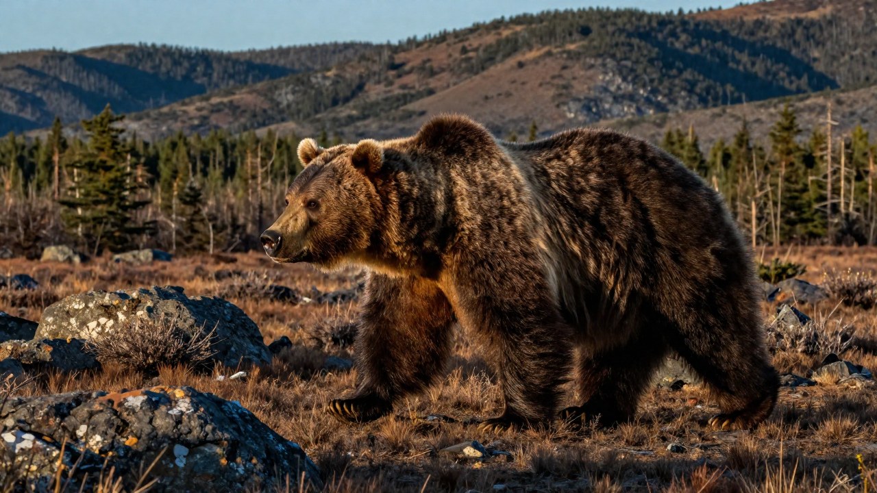 Oso prehistórico Arctodus simus atravesando el paisaje vasto y accidentado del Pleistoceno.