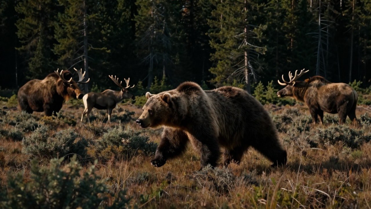 Arctodus simus cazando en un paisaje Pleistocénico de Norteamérica con megafauna.