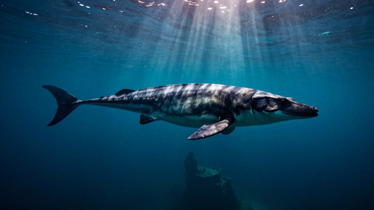 Ichthyosaurio gigante nadando en un vasto entorno marino mesozoico prehistórico.