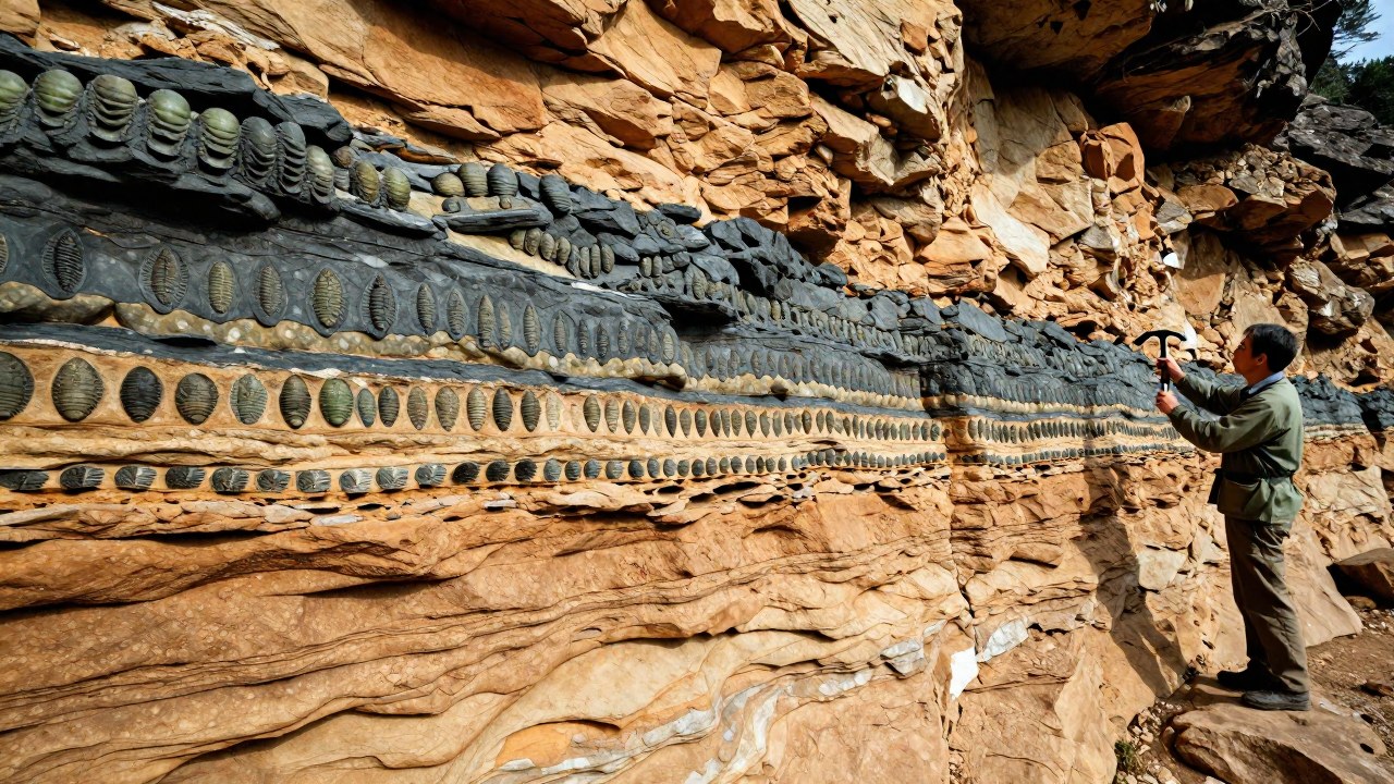 Paleocientífico examina estratos de roca sedimentaria que muestran la transición de fósiles de trilobites antes y después de una extinción.