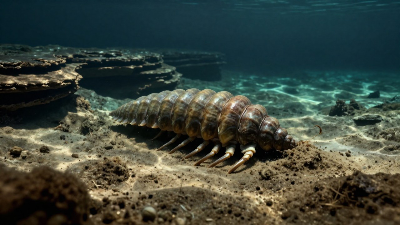 Trilobite Phacops antiguo sobre el lecho de roca sedimentaria de un entorno marino prehistórico.