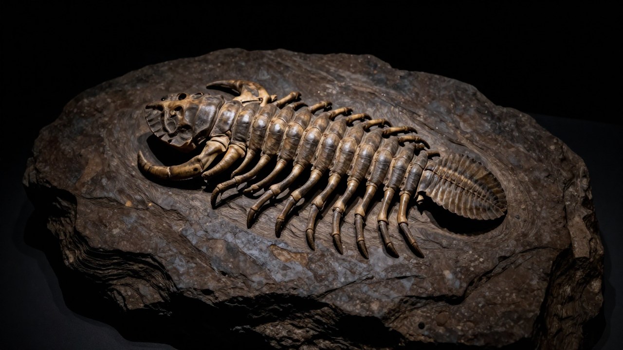 Trilobite fosilizado de gran detalle, tipo Phacops, sobre una losa de roca sedimentaria oscura.