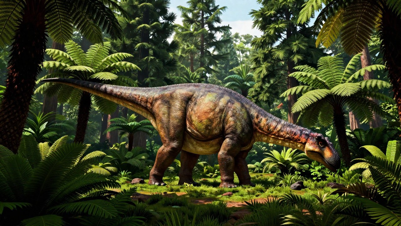 Brachiosaurus alimentándose entre densos bosques y vegetación del Jurásico.