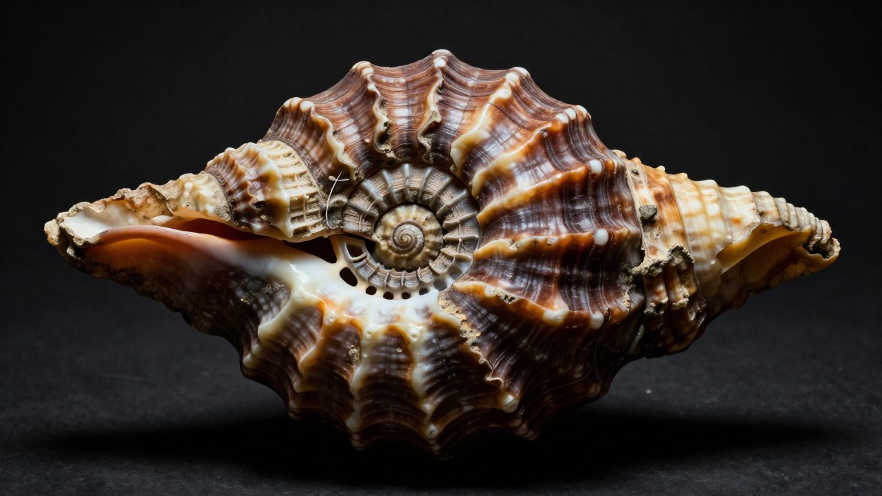 Fósil de nautiloide *Endoceras* mostrando su estructura interna y cámaras complejas.