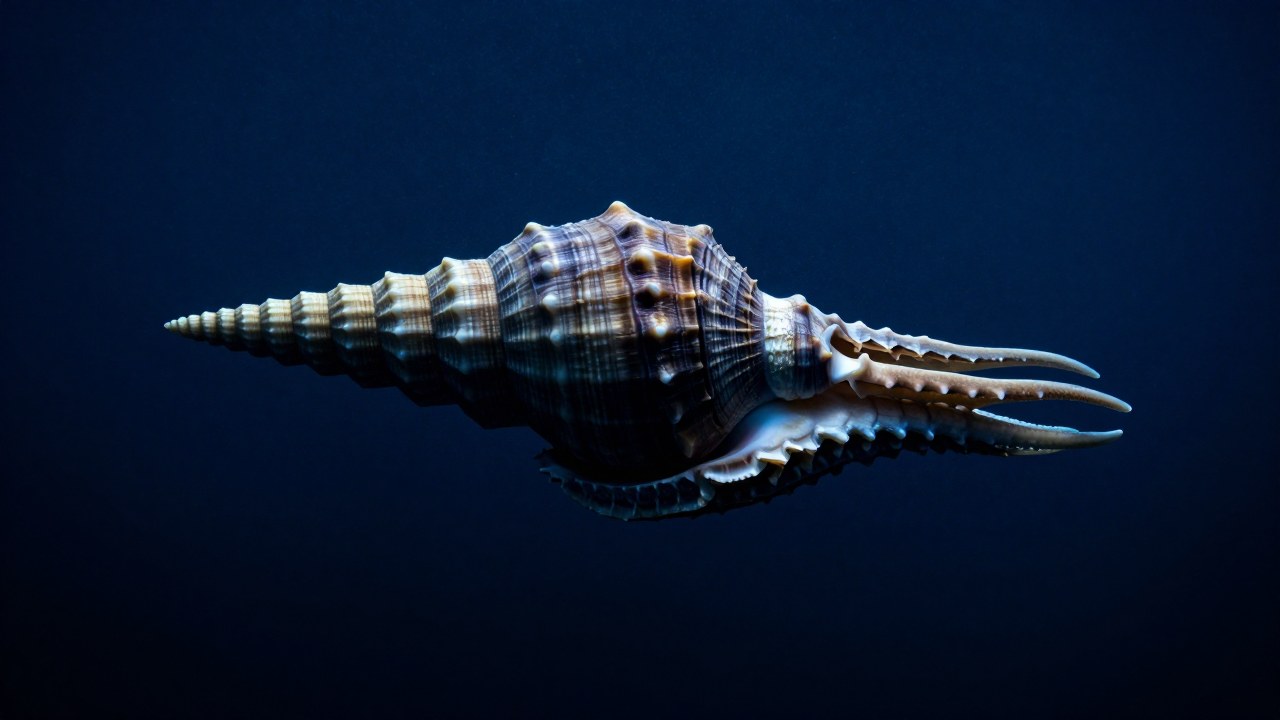 Cefalópodo Endoceras antiguo nadando en un océano primordial, destacando la estructura compleja de su concha con cámaras internas.