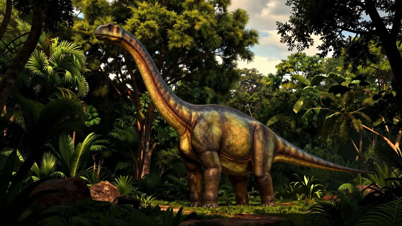 Un Braquiosaurio colosal con su cuello alargado en un entorno prehistórico exuberante.