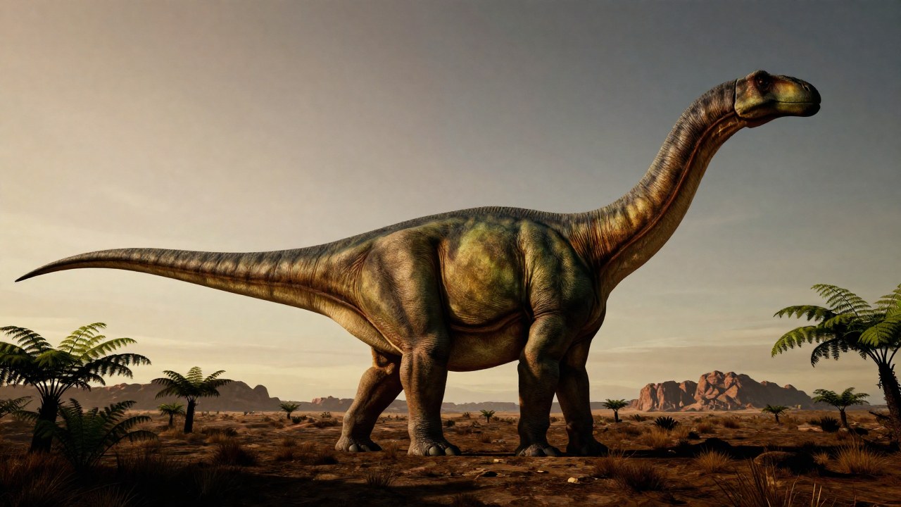 Brachiosaurus masivo de pie en paisaje cretácico, destacando su cuello alto y extremidades delanteras prominentes.