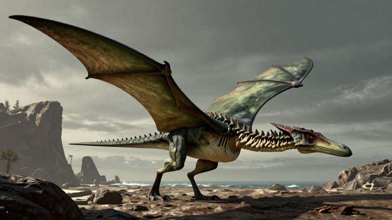 El pterosaurio Hatzegopteryx en perfil, destacando su anatomía masiva en un entorno costero prehistórico.