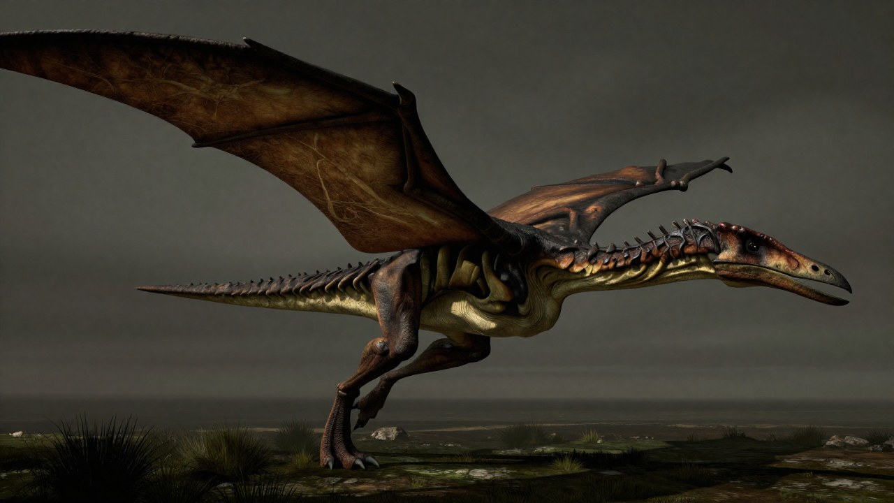 Hatzegopteryx, el pterosaurio gigante, es mostrado en una pose dinámica dentro de un paisaje prehistórico brumoso.