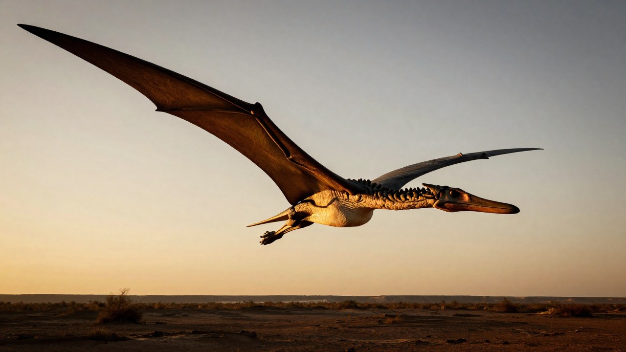 El Quetzalcoatlus masivo sobrevuela un paisaje árido del período Cretácico.