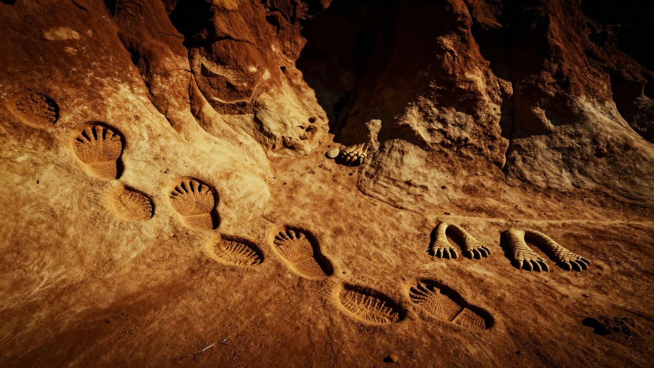 Huellas fosilizadas de dinosaurios muestran el contraste de la locomoción entre un therópodo y un ornitisquiano.