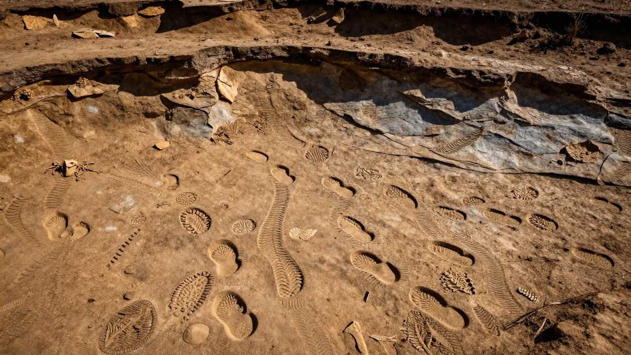 Huellas fósiles diversas de fauna mesozoica expuestas en una capa de sedimentos de excavación paleontológica.