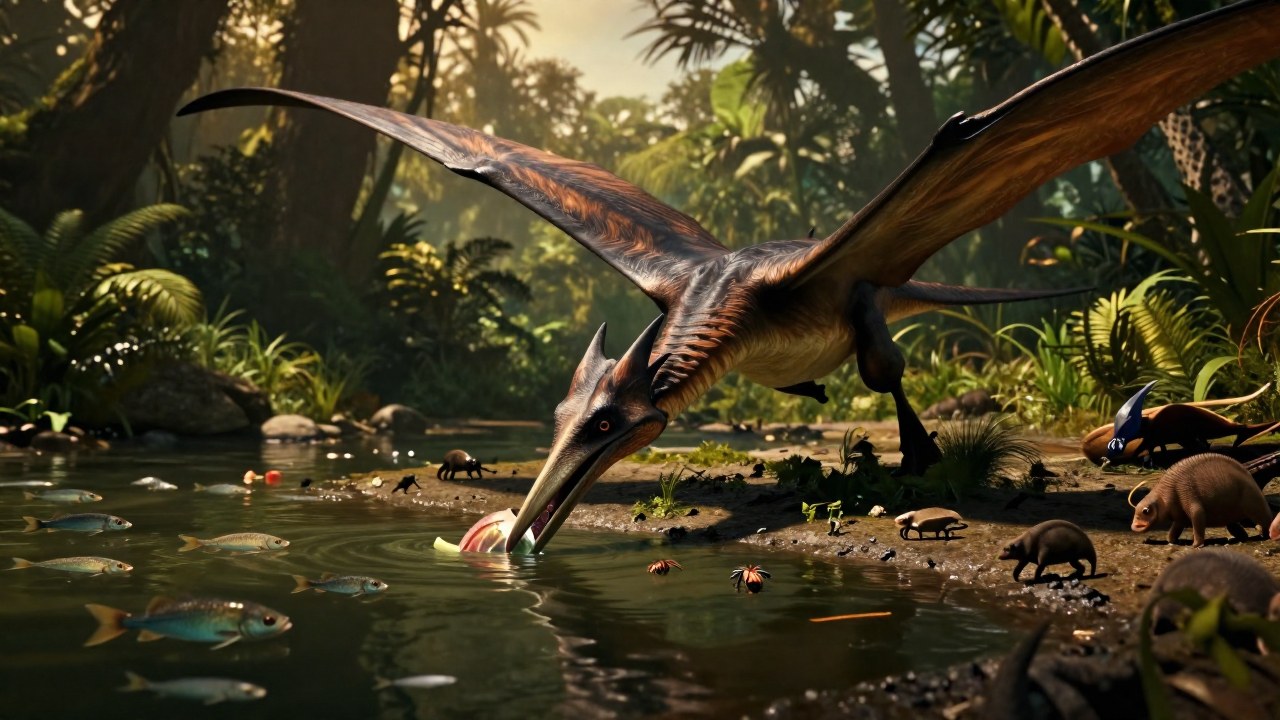 Pterosaurio alimenta en un ambiente mesozoico costero, interactuando con peces, insectos y fauna terrestre.