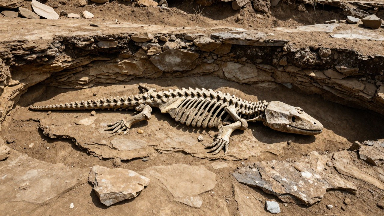 Restos fosilizados de *Stenopterygius* expuestos en una capa de roca sedimentaria de excavación.