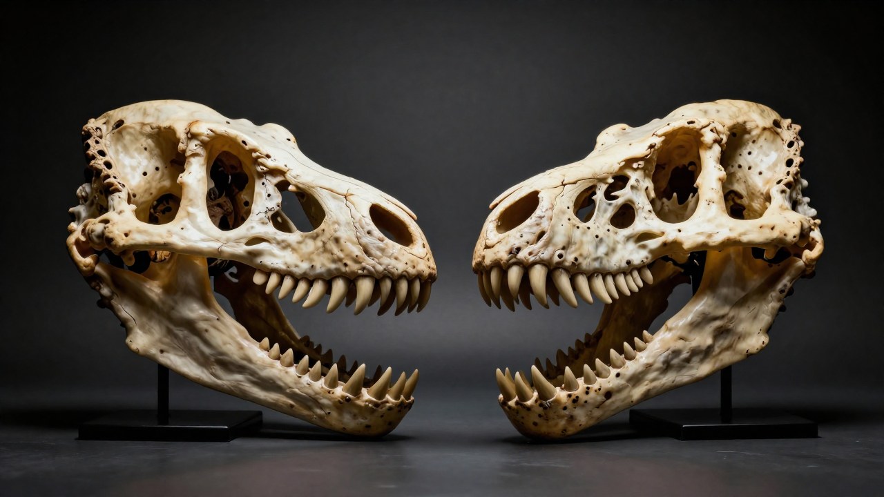 Dos cráneos de dinosaurios, Tarbosaurus y Tiranosaurio Rex, presentados para su comparación anatómica.