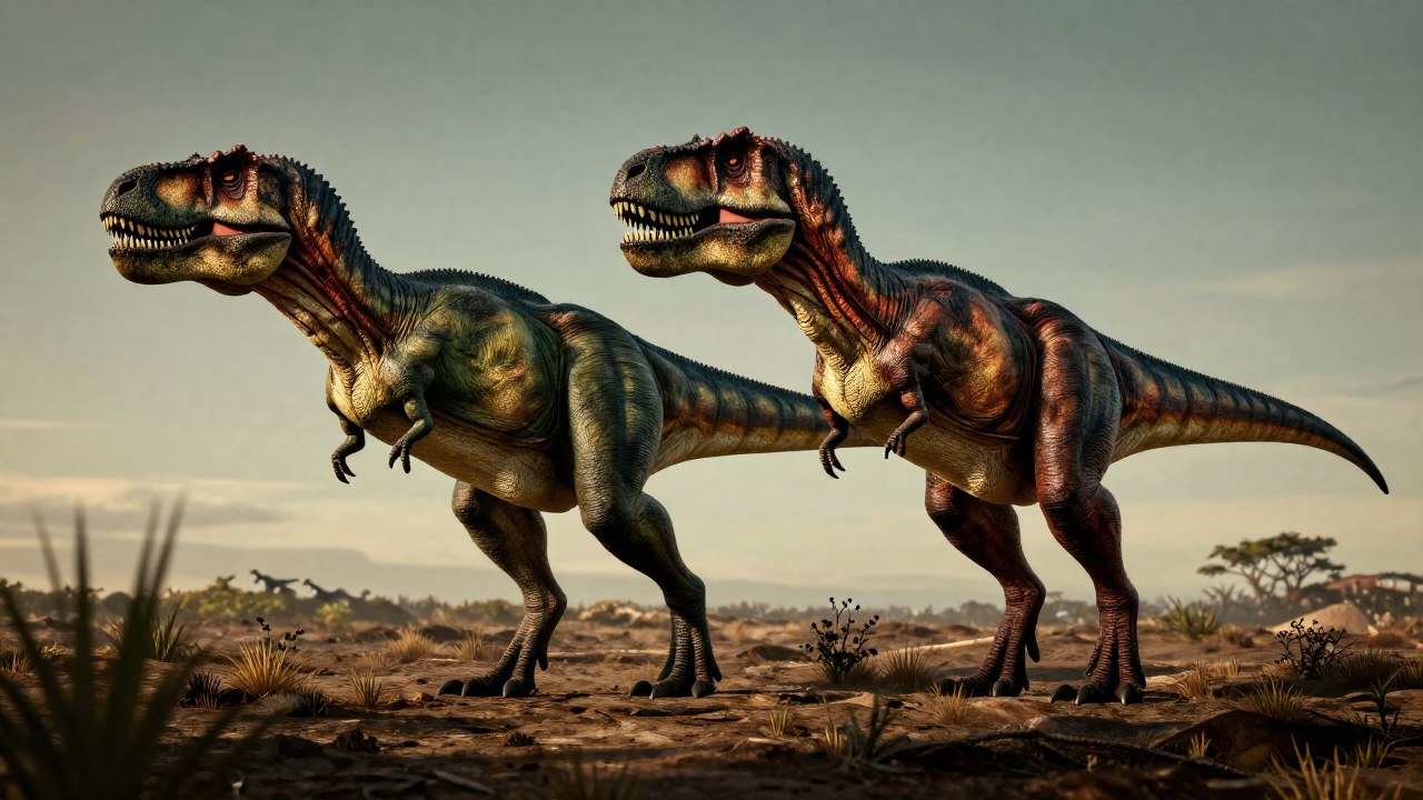 Tarbosaurus y Tyrannosaurus Rex comparados lado a lado para destacar sus diferencias anatómicas y estructuras de las extremidades.