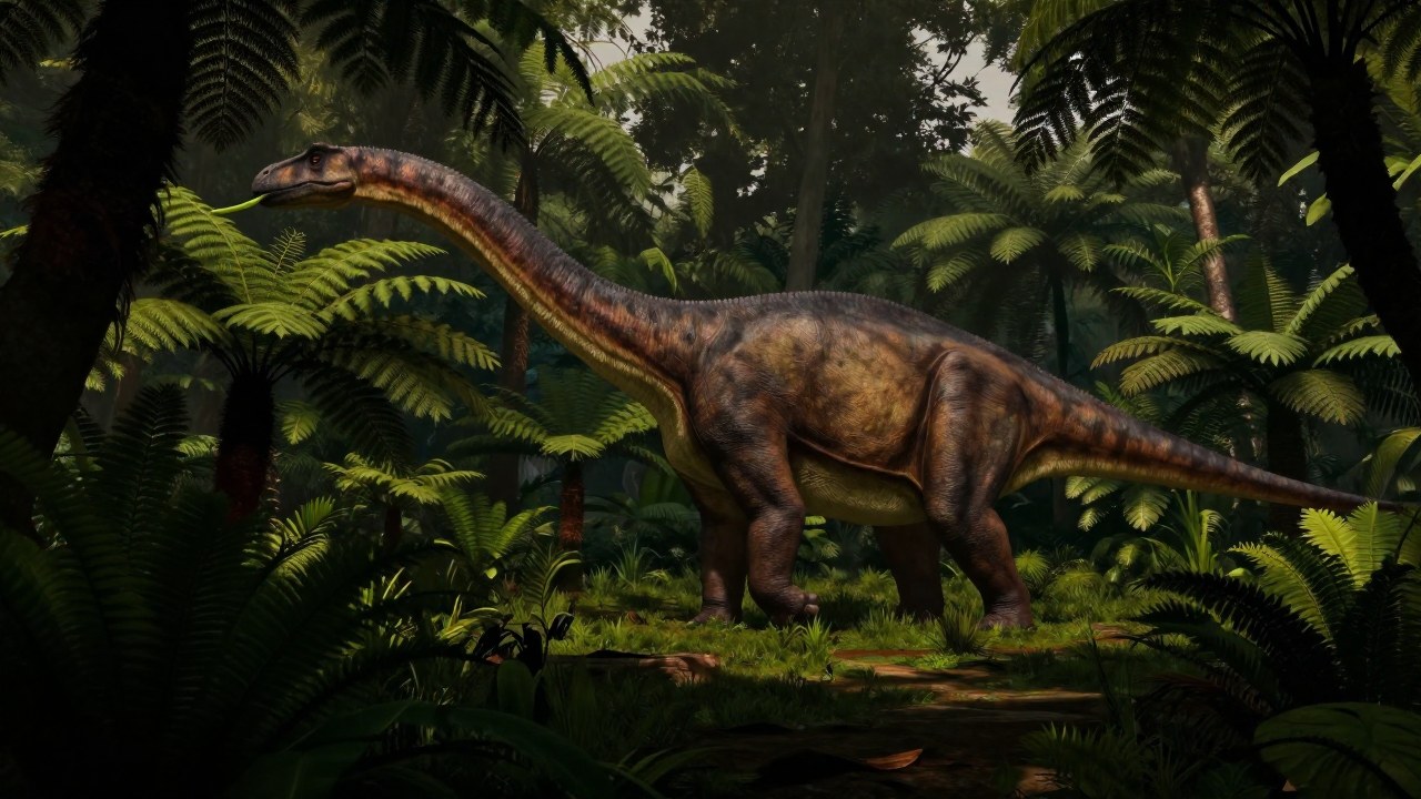 Mamenchisaurus sauropodo pastando en un paisaje cretácico, destacando su cuello extremadamente largo y monumental.