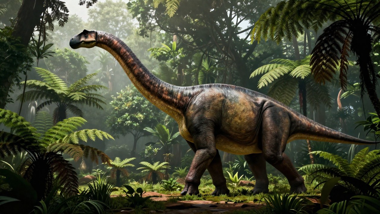 El Mamenchisaurus sinocanadorum, con su cuello alargado, se mueve en un exuberante paisaje mesozoico.