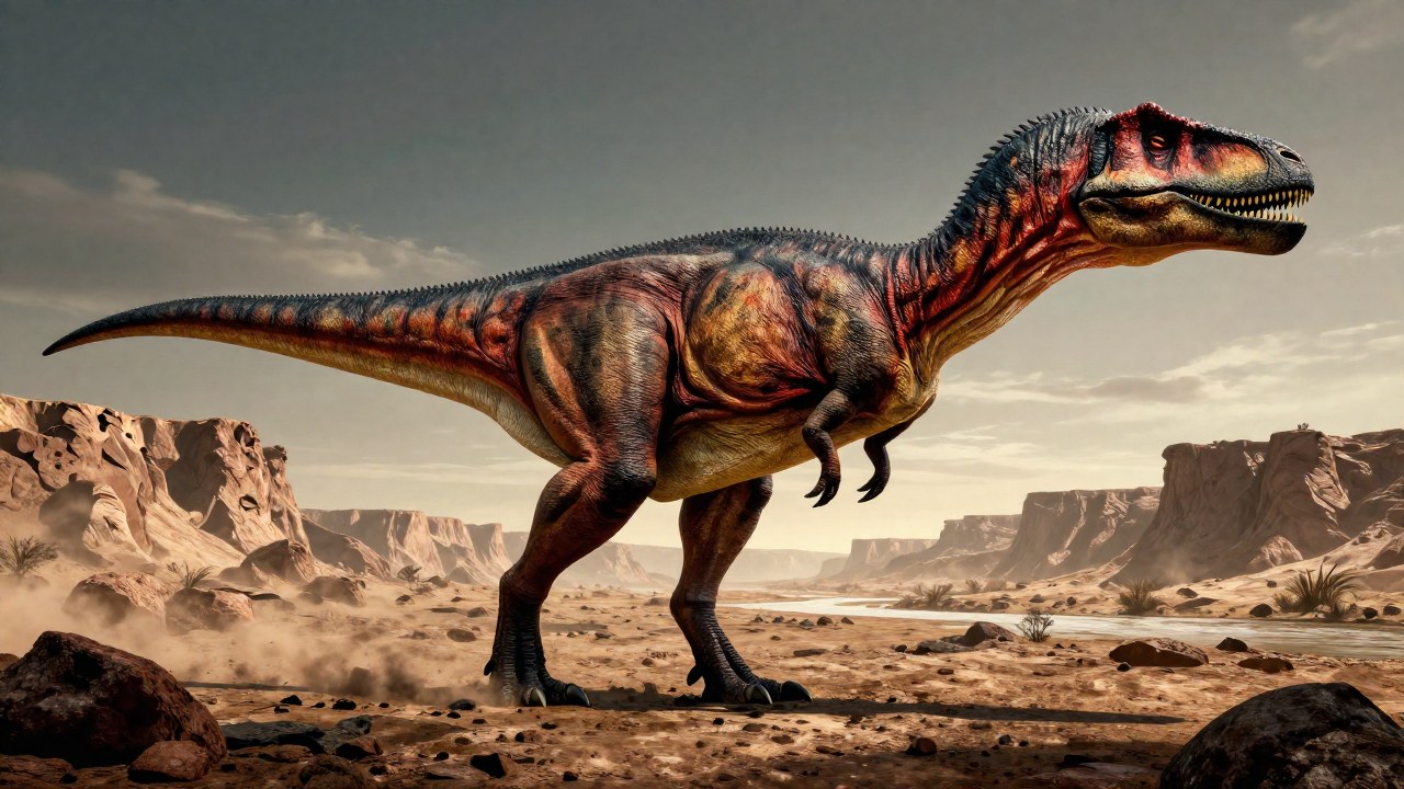 Carnotaurus y otro gran dinosaurio comparan sus tamaños en un entorno prehistórico árido.