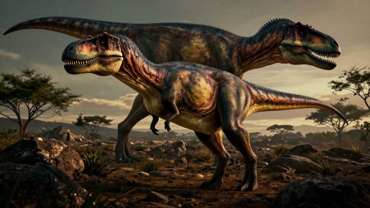 Carnotaurus junto a un gran terópodo en un paisaje cretácico, estableciendo una clara comparación de tamaños.