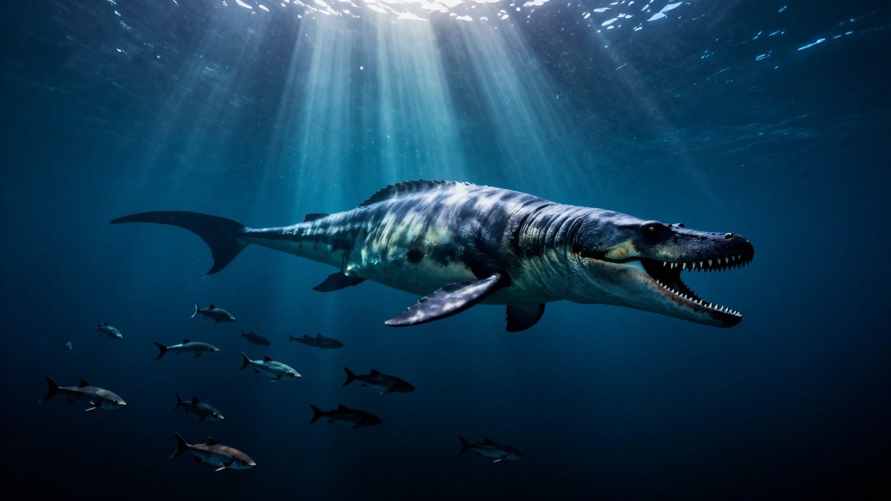 Un enorme reptil marino prehistórico caza una escuela de vida marina en las oscuras profundidades oceánicas.