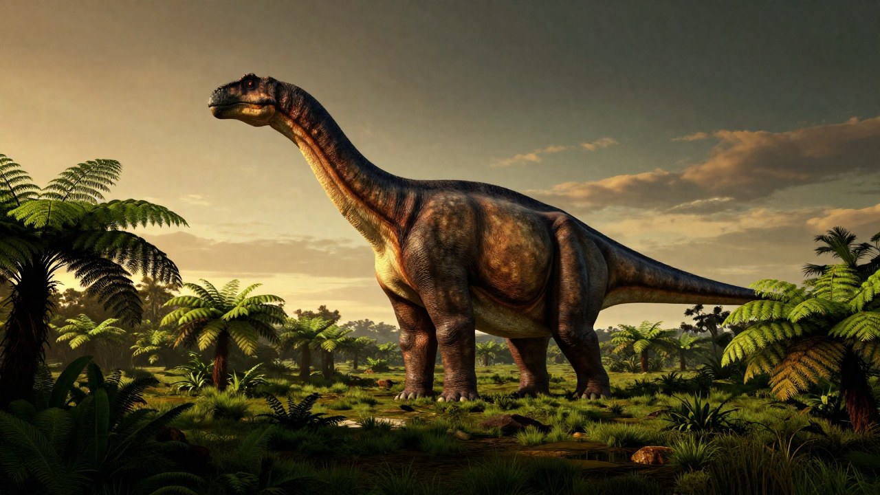 Titanosaurus colosal de pie en una llanura prehistórica, destacando su inmensa masa entre la vegetación densa.