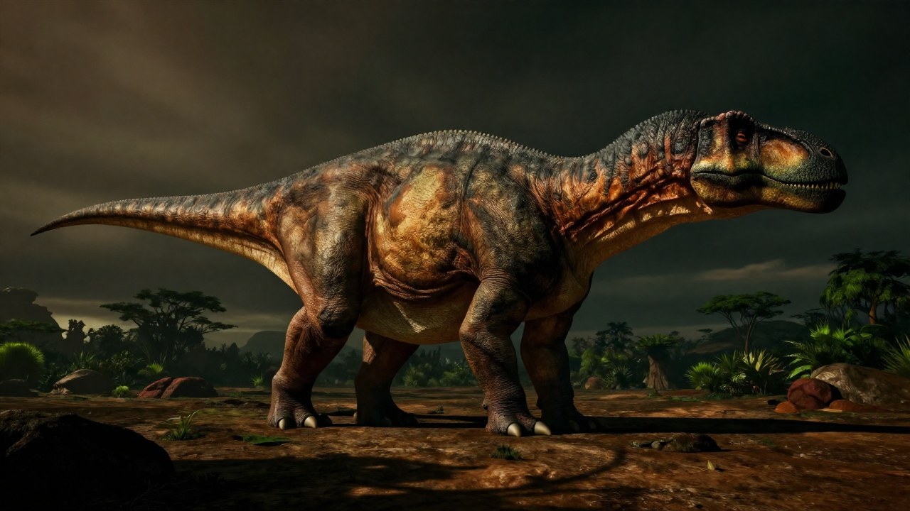 Un Titanosaurus enorme y masivo de pie en un paisaje terrestre antiguo y accidentado.