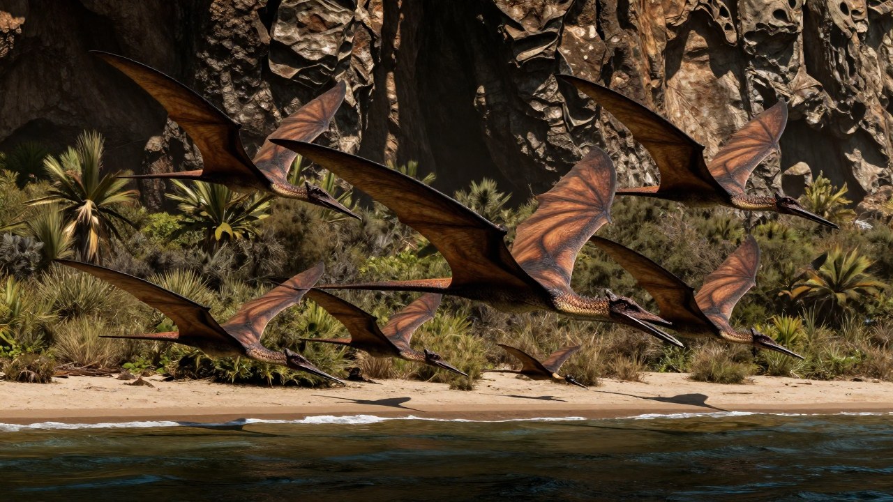 Pterosaurios volando sobre un entorno costero prehistórico, exhibiendo sus anatomías y complejas estructuras alares.