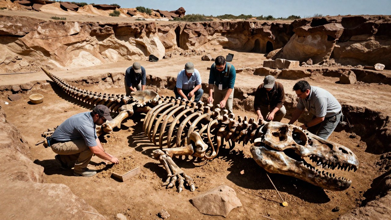 Paleontólogos excavan restos fosilizados de un Allosaurus en un paisaje geológico árido.