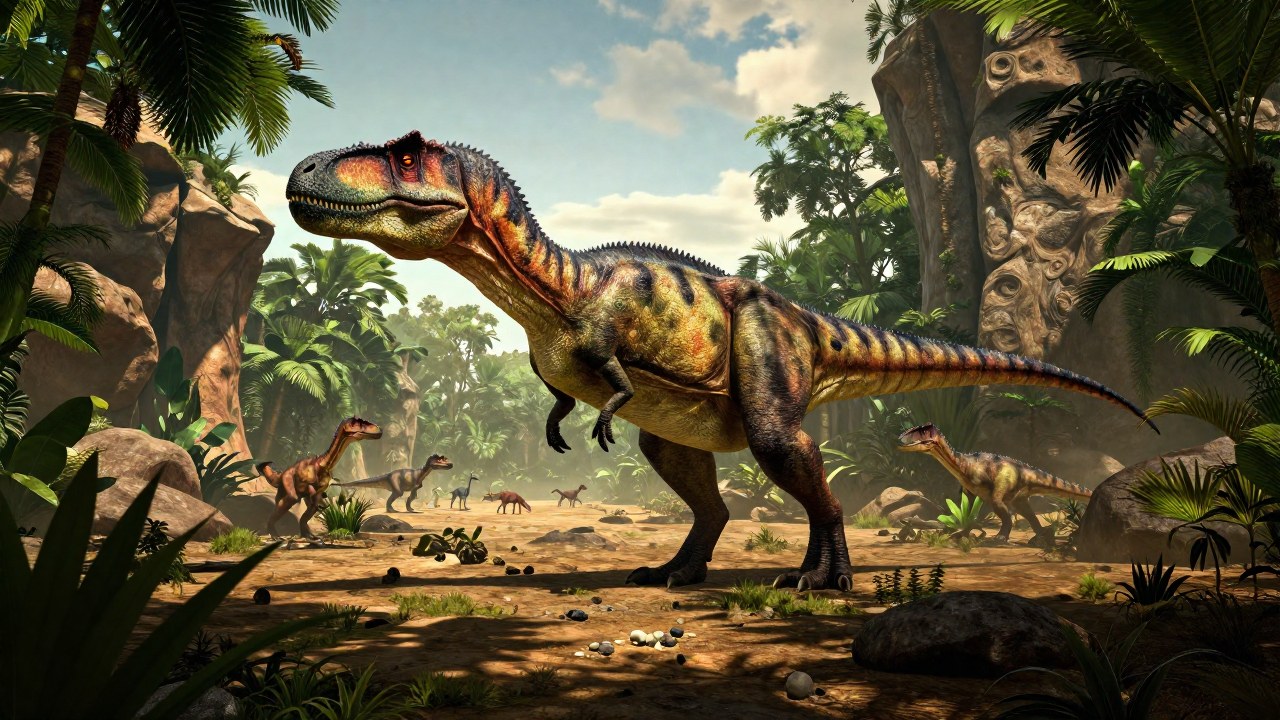 Allosaurus depredador domina el paisaje de una llanura aluvial en el ecosistema Mesozoico.