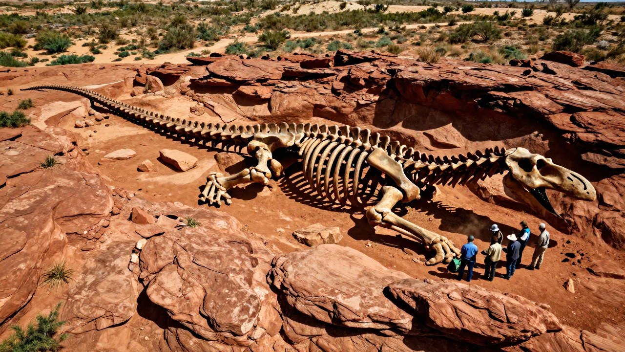 Fósil monumental de Mamenchisaurus desenterrado en roca árida, siendo examinado por un grupo de paleontólogos.