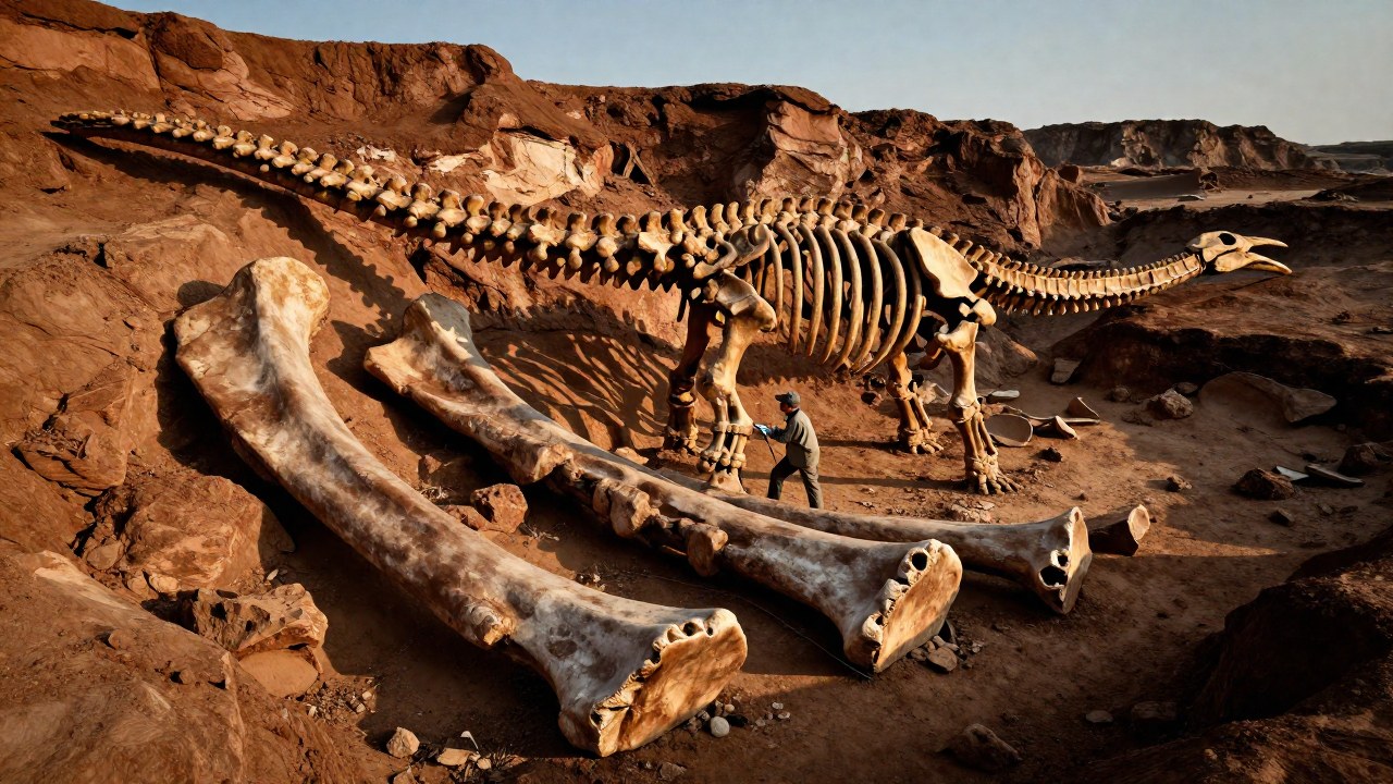 Paleontólogo examinando el enorme esqueleto fosilizado de un Mamenchisaurus en un yacimiento de excavación.