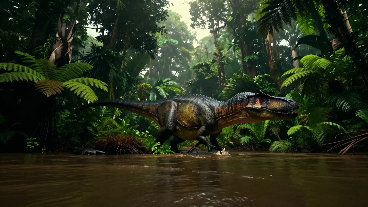 Un enorme Spinosaurus navega por las turbias aguas de un densa selva fluvial prehistórica.