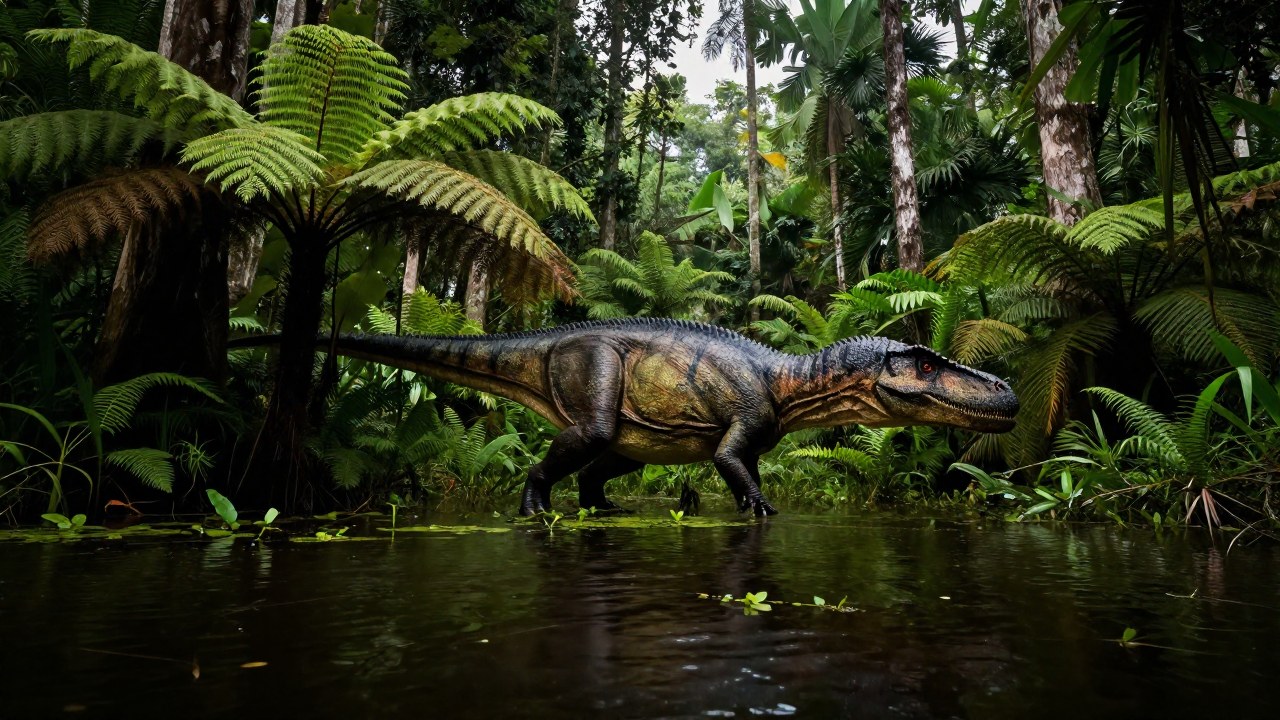 Spinosaurus navegando en un denso entorno de humedales y vegetación tropical.
