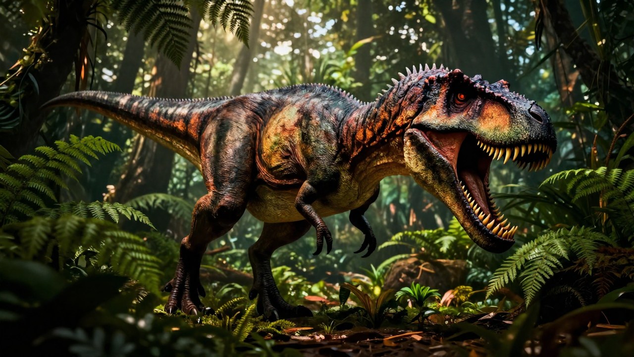 Dinosaurio terópodo en jungla, preparando un ataque dinámico, con énfasis en la estructura de sus dientes.
