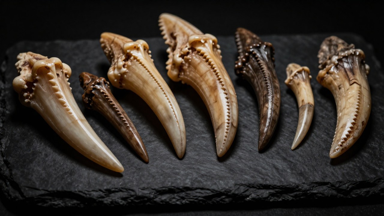 Colección comparativa de dientes de dinosaurio que muestran sus distintas funciones adaptativas de depredación.